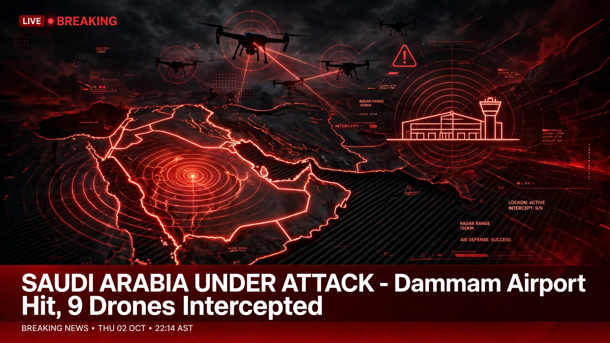 Houthi Drone Attack on Dammam Airport Kills 2, Coalition Intercepts 9 UAVs Over Saudi Cities